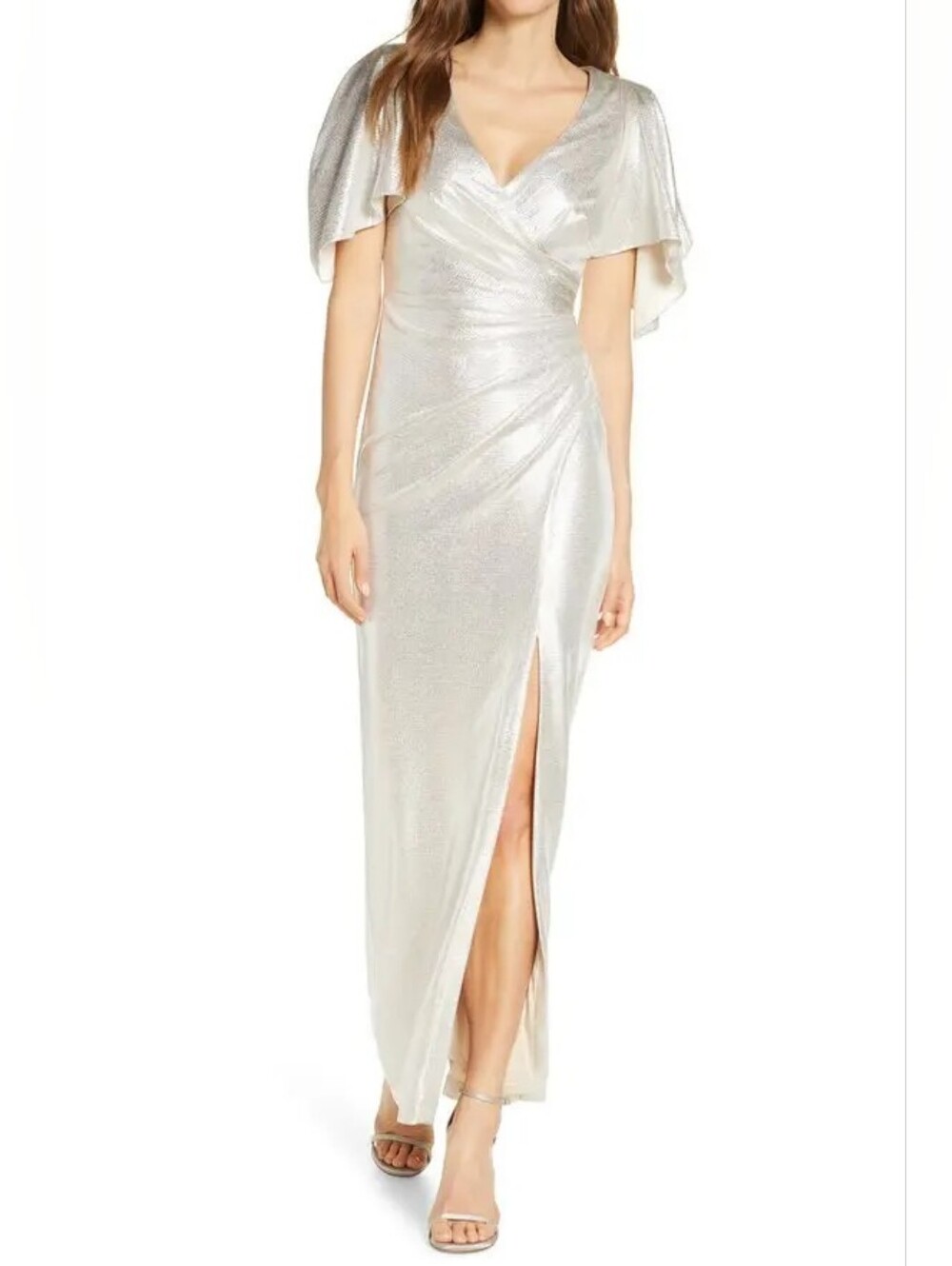 Sz 14 Eliza J Silver/Ivory Metallic Stretch Flutter-Sleeve Split Thigh Gown